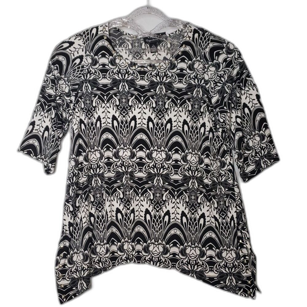 MAGGIE BARNES Black and White Asymetrical Hem Tunic Top Womens Plus Size 1X NEW
